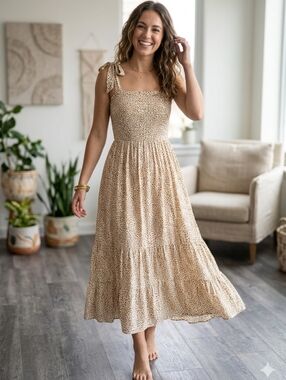 Very J Beige Printed Tie-Shoulder Maxi Dress